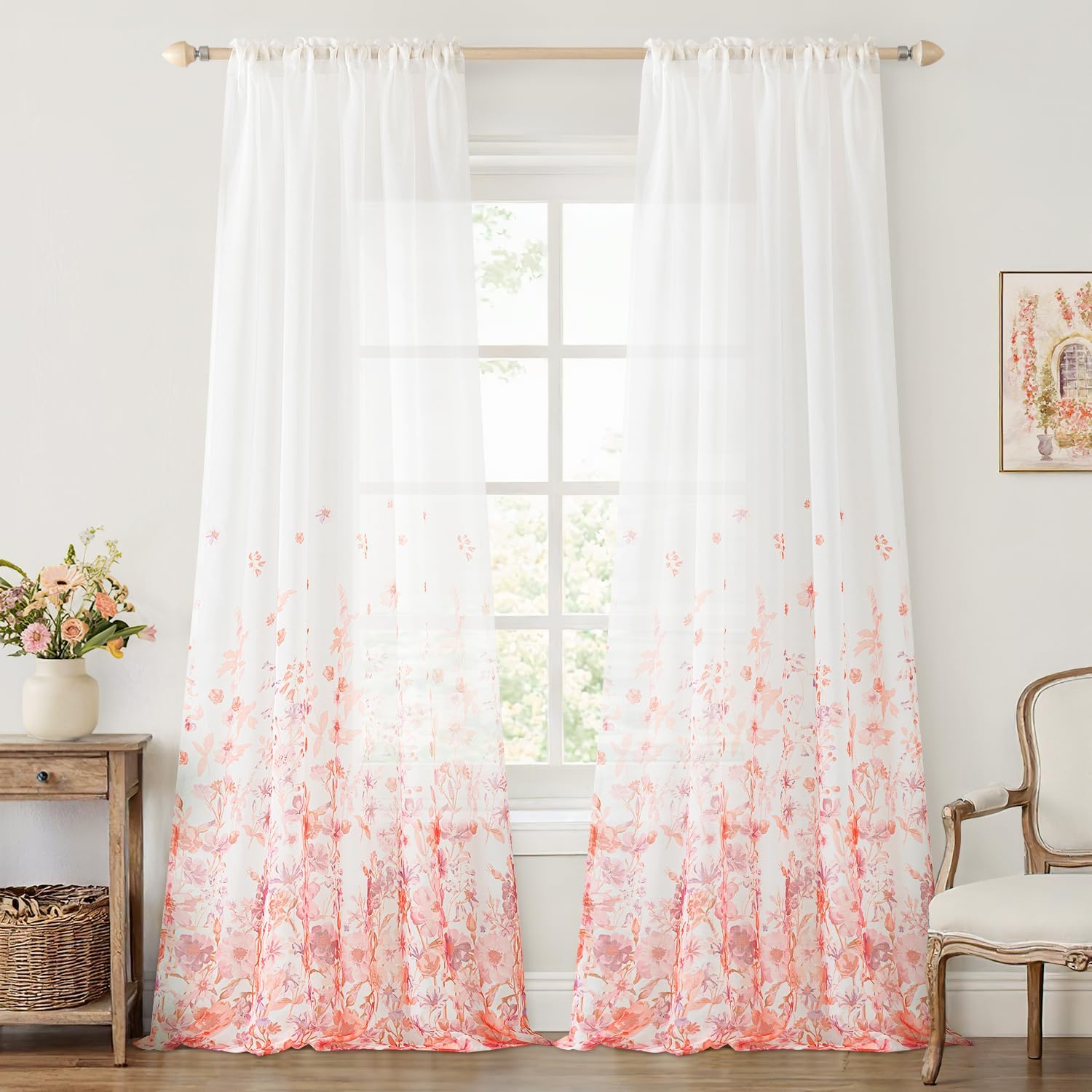 MIULEE Sage Green Sheer Curtains 2 Panels Embroidered Leaf Patterned Rod Pocket Floral Semi Sheer Faux Linen Window Curtains Drapes Set for Living Room Bedroom Dining Room, 52x84 Inches Long