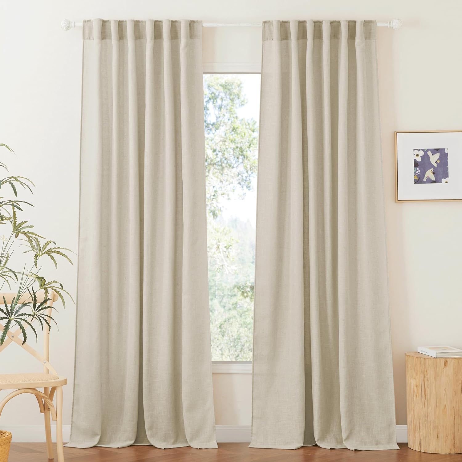 RYB HOME Linen Sheer Curtains for Living Room Textured Semi Sheer Curtains Large Window Treatment for Bedroom Patio Door, White, 52 inch Width x 108 inch Length, 2 Panels