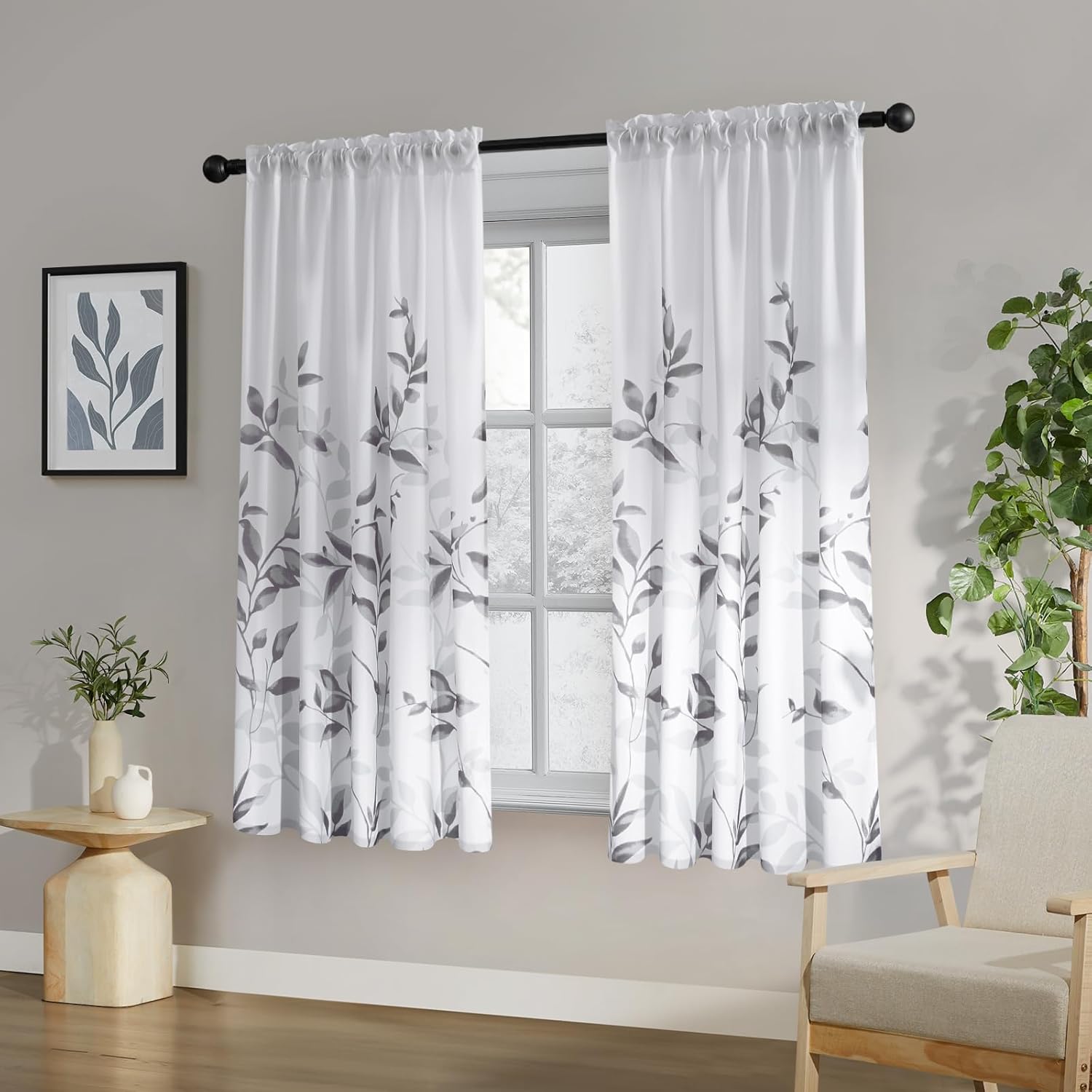 HOMEIDEAS Non-See-Through Light Grey and White Privacy Sheer Curtains 52 X 63 Inch Length 2 Panels, Leaf Floral Printed Light Filtering Semi Sheer Window Curtains Drapes for Bedroom Living Room