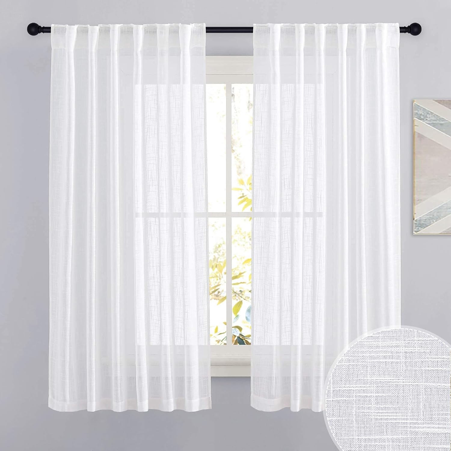 RYB HOME Linen Sheer Curtains for Living Room Textured Semi Sheer Curtains Large Window Treatment for Bedroom Patio Door, White, 52 inch Width x 108 inch Length, 2 Panels