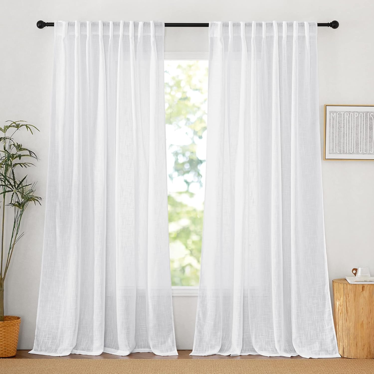 RYB HOME Linen Sheer Curtains for Living Room Textured Semi Sheer Curtains Large Window Treatment for Bedroom Patio Door, White, 52 inch Width x 108 inch Length, 2 Panels