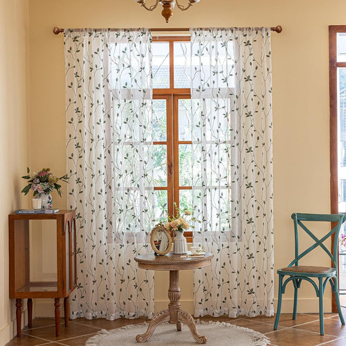 AmHoo 2 Panels Embroidered Leaf Pattern Semi Sheer Curtains Foliage Floral Voile Window Draperies Treatment for Bedroom Living Room Rod Pocket White Sage Green 53 x 84 Inch